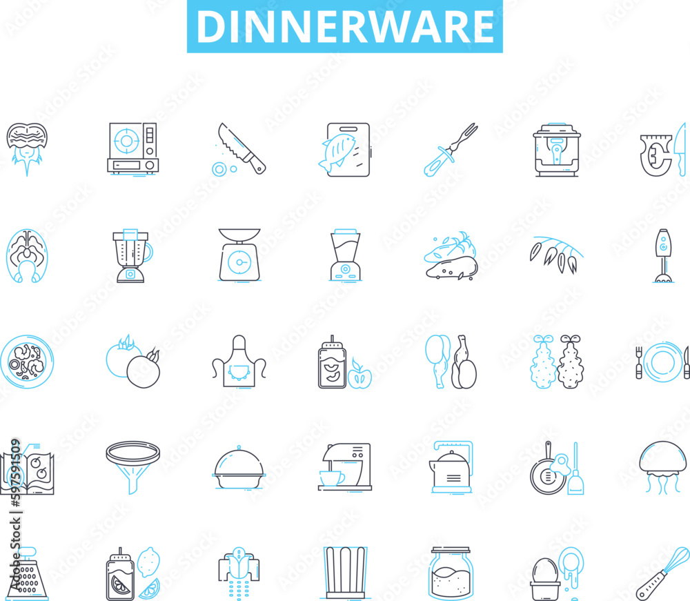 Dinnerware linear icons set. Plates, Bowls, Cups, Saucers, Mugs, Serving dishes, Chargers line vector and concept signs. Coasters,Napkin rings,Platters outline illustrations Dinnerware linear icons set. Plates, Bowls, Cups, Saucers, Mugs, Serving dishes, Chargers line vector and concept signs. Coasters,Napkin rings,Platters outline illustrations