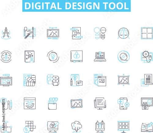 Digital design tool linear icons set. Photoshop, Illustrator, Sketch, Figma, Canva, Procreate, Inkscape line vector and concept signs. CorelDRAW,GIMP,Affinity outline illustrations