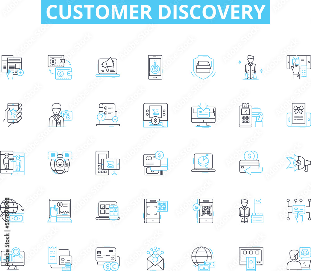 Customer discovery linear icons set. Insight, Feedback, Research, Validation, Exploration, Interviews, Analysis line vector and concept signs. Questioning,Interactions,Identification outline Customer discovery linear icons set. Insight, Feedback, Research, Validation, Exploration, Interviews, Analysis line vector and concept signs. Questioning,Interactions,Identification outline