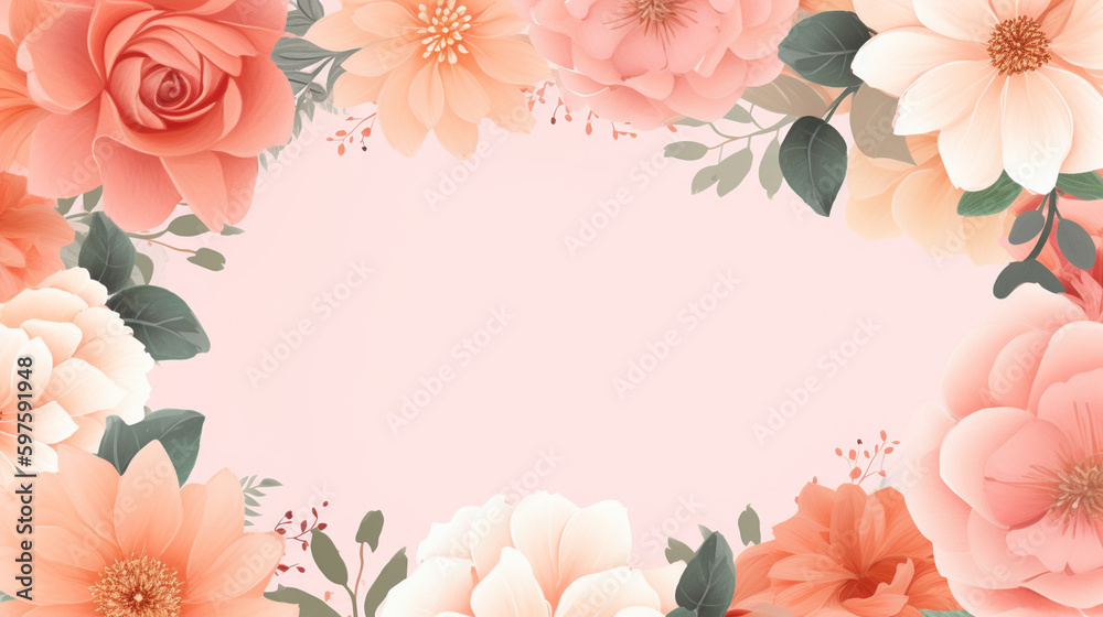 Generate a description of a floral frame made of delicate peachy pink flowers on a white background in 200 words. Keep only nouns and adjectives. Separate the words with commas.