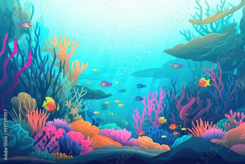 Colorful coral reef teeming with vibrant marine life, with clear blue water and rays of sunlight filtering through, creating a peaceful and captivating underwater world. Generative AI