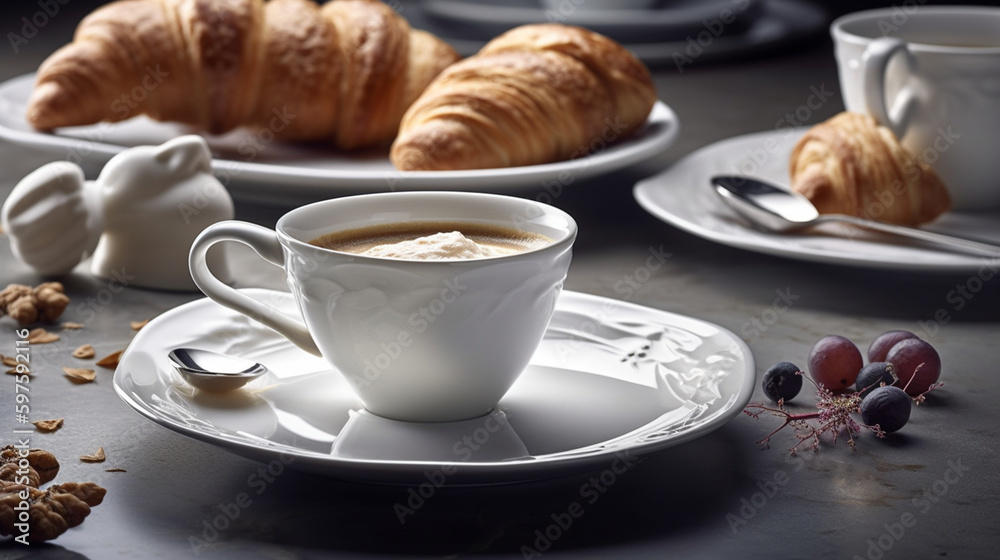 The cappuccino with a croissant looks magnificent thanks to the elegant white porcelain crockery in French style that adds refinement and sophistication to the table. The croissant Generative AI The cappuccino with a croissant looks magnificent thanks to the elegant white porcelain crockery in French style that adds refinement and sophistication to the table. The croissant Generative AI