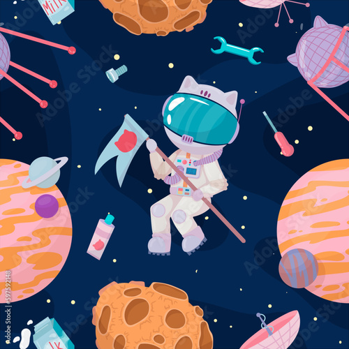 Cosmonaut in outer space. UFOs, spaceships, rockets. Solar system, intergalactic travel. Galaxies, planets, asteroids, comets, shooting stars. Vector illustration in cartoon style