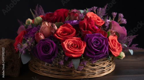 The composition includes bright red roses with a rich hue and purple dried flowers with a graceful shape. Roses look fresh and delicate  and dried flowers add zest and special beau Generative AI