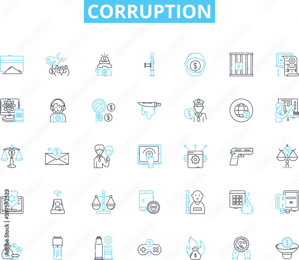 Corruption linear icons set. Bribery, Extortion, Nepotism, Embezzlement, Fraud, Graft, Kickbacks line vector and concept signs. My laundering,Racketeering,Scheming outline illustrations Corruption linear icons set. Bribery, Extortion, Nepotism, Embezzlement, Fraud, Graft, Kickbacks line vector and concept signs. My laundering,Racketeering,Scheming outline illustrations