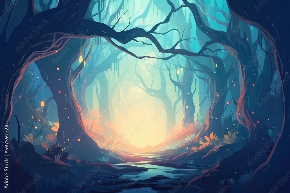 Enchanted forest with twisted trees and mossy ground, shrouded in a ...