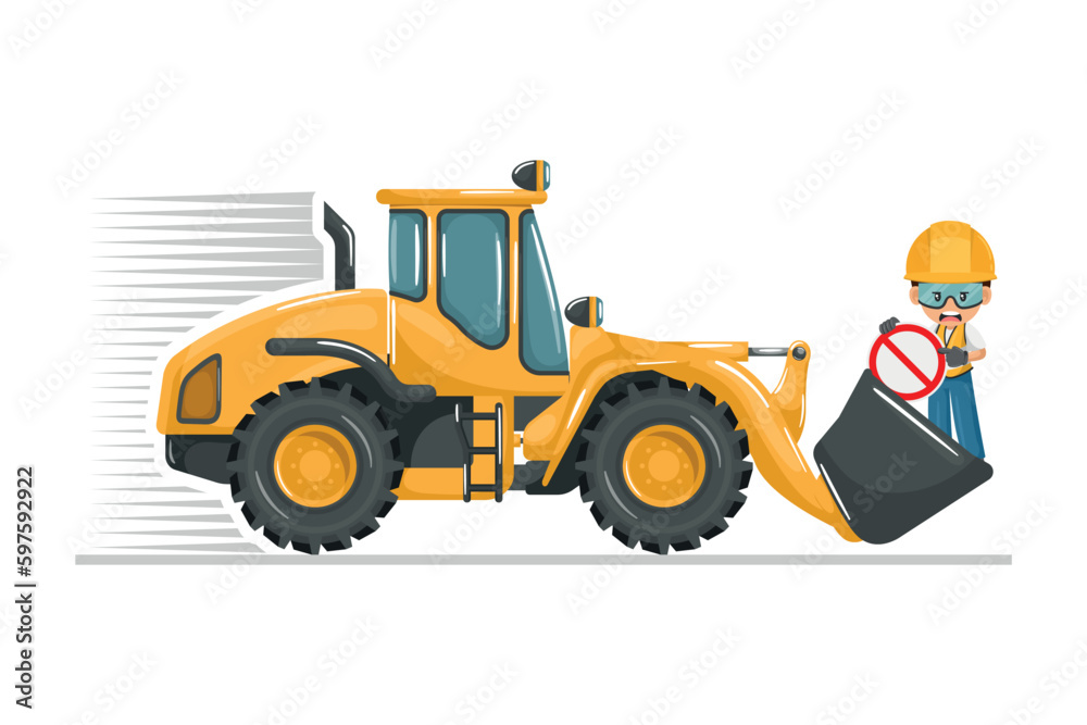 Transporting people on the front loader bucket is prohibited. Safety in handling a front loader. Security First. Accident prevention at work. Industrial Safety and Occupational Health