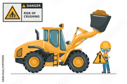 Crush hazard hazard from front loader bucket. Safety sign and pictogram. Prevention of work accidents. Security First. Industrial safety and occupational health at work