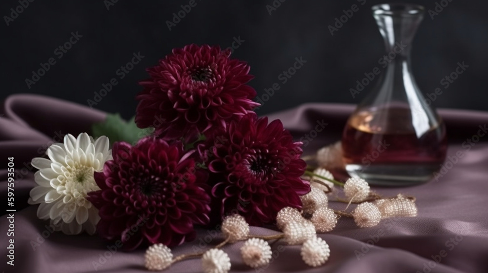 composition, burgundy silk chrysanthemums, pearl, delicate and bright perfumes, greenery tones, beauty, simplicity, luxury, sophistication. Generative AI composition, burgundy silk chrysanthemums, pearl, delicate and bright perfumes, greenery tones, beauty, simplicity, luxury, sophistication. Generative AI