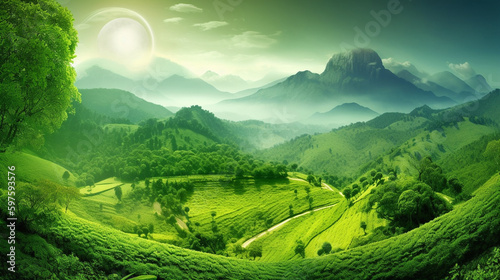 Green planet, our precious home, rich nature, clean waters, lush forests, green meadows, picturesque mountains, boundless expanses, exotic plants, unusual animals, unique climate, Generative AI