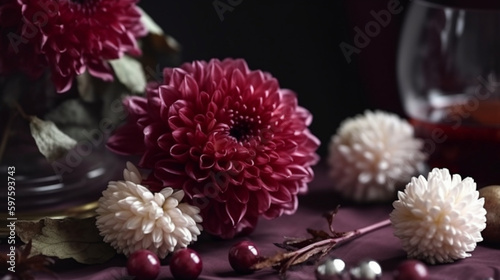 composition  burgundy silk chrysanthemums  pearl  luxurious perfumes  delicate  bright  greenery  tones  beauty  simplicity  luxury  sophistication. Generative AI