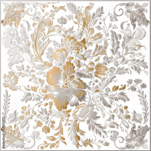 Description of the ornament on a white background: gold, silver, pastel colors, delicacy, simplicity, plant elements, textile. ar 16:9 Generative AI