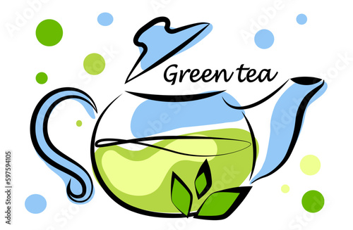 Transparent teapot with green tea on a white background. Tea leaves. Vector illustration in doodle style
