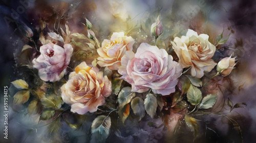 Painting, watercolor, roses, gold, silver, pastel shades, composition - these are the key words that describe this artwork. In this watercolor painting, delicate pastel shades and Generative AI