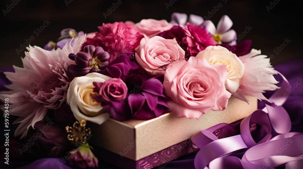 Generate a description of a beautifully decorated gift: a beautiful bouquet, a gift box, flowing silk, bright colors, gold or silver, . 200 words. Leave only nouns and adjectives. Generative AI