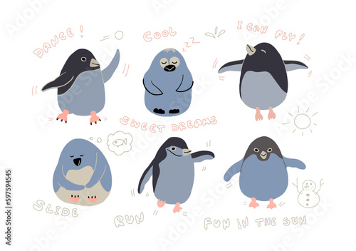 Set of six cute baby penguins in different poses: dancing, sleeping, jumping, trying to fly, etc. Hand drawn vector illustration.