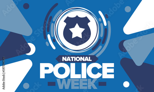 National Police Week. Celebrated annual in May. In honor of the United States police hero. Police badge and star. Officers Memorial Day. American patriotic design. Vector poster, creative illustration