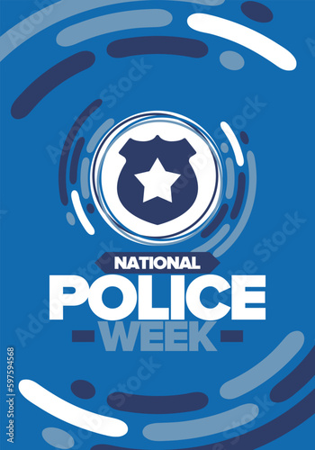National Police Week. Celebrated annual in May. In honor of the United States police hero. Police badge and star. Officers Memorial Day. American patriotic design. Vector poster, creative illustration