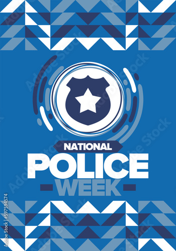 National Police Week. Celebrated annual in May. In honor of the United States police hero. Police badge and star. Officers Memorial Day. American patriotic design. Vector poster, creative illustration