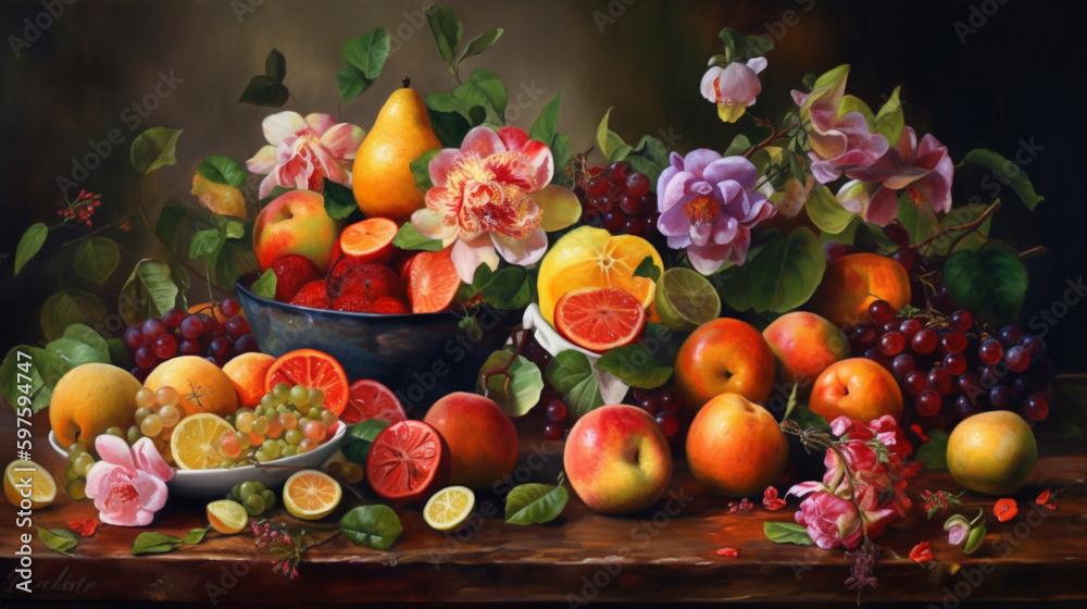 Generate a description of a realistic painting of beautiful juicy