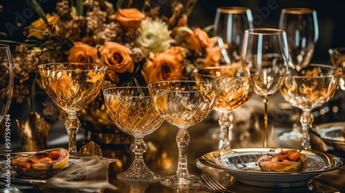 The elegant, transparent glasses filled with sparkling champagne emphasize the rich golden hue of the drink. The table exudes a festive atmosphere created by exquisite decor and an Generative AI