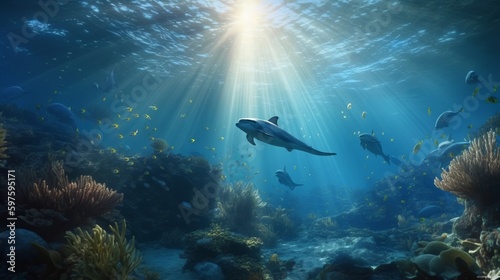 Dive into a mesmerizing Ultra HD underwater world of playful dolphins, coral reefs, and marine life surrounded by shimmering beams of light, Generative AI