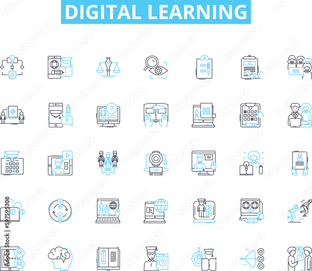 Digital learning linear icons set. E-learning, Online courses, Virtual classrooms, Distance education, Internet courses, Cyberlearning, Tech-based learning line vector and concept signs. Computerized