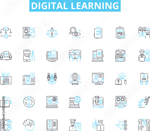 Digital learning linear icons set. E-learning, Online courses, Virtual classrooms, Distance education, Internet courses, Cyberlearning, Tech-based learning line vector and concept signs. Computerized