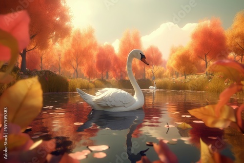 3D cartoon elegant swan gracefully gliding across a tranquil pond surrounded by colorful autumn foliage. Generative AI