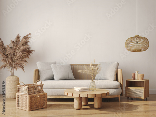 White living room with rattan furniture in japanese style.3d rendering