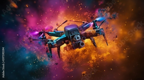 Capturing the Dynamic Movement of Award-Winning Drones Exploding with Vibrant Colors on a Bright Shiny Background Using Sony A9 and 35mm Lens, Generative ai © Elena