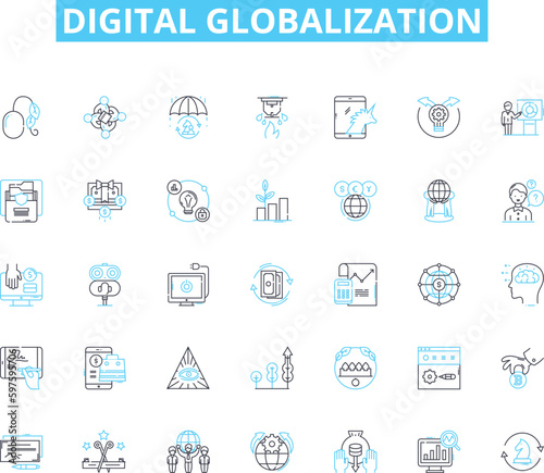 Digital globalization linear icons set. Connectivity, Interdependence, Integration, Digitalization, Expansion, Homogenization, Standardization line vector and concept signs. Convergence,Localization