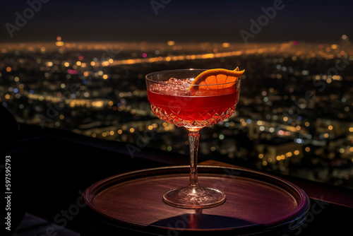 a beautiful cocktail at a rooftop bar overlooking a gorgeous city, Generative AI