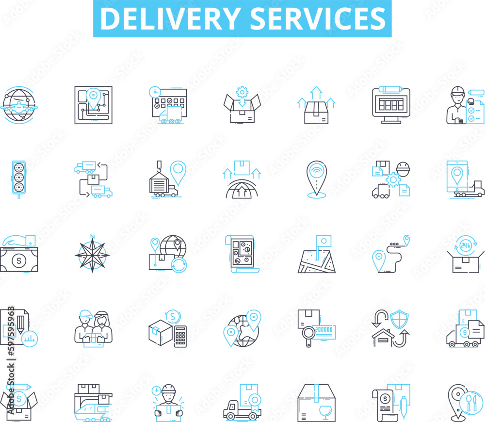 Delivery services linear icons set. Courier, Package, Dispatch, Shipment, Express, Logistics, Transport line vector and concept signs. Freight,Trucking,Parcels outline illustrations Delivery services linear icons set. Courier, Package, Dispatch, Shipment, Express, Logistics, Transport line vector and concept signs. Freight,Trucking,Parcels outline illustrations