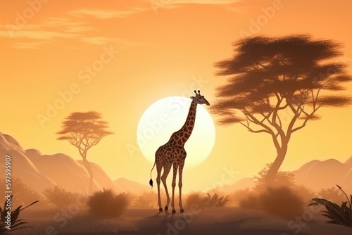 3D cartoon graceful giraffe peacefully grazing on the savanna under a golden sunrise. Generative AI