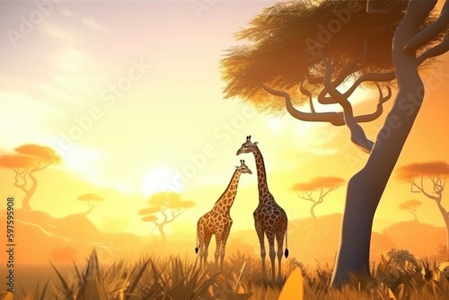 3D cartoon graceful giraffe peacefully grazing on the savanna under a golden sunrise. Generative AI