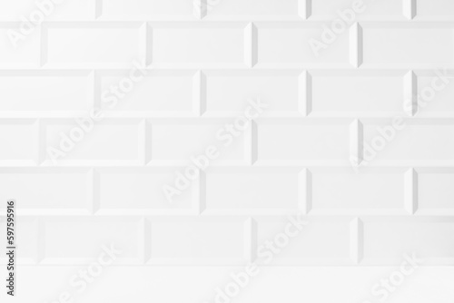 White abstract modern stage with glossy ceramic rectangle tiles on wall and wood floor as empty interior of bathroom, kitchen, workplace, mockup for presentation cosmetic products, goods, design.