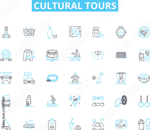 Cultural tours linear icons set. Heritage, Tradition, Folklore, Festivals, Customs, History, Art line vector and concept signs. Music,Dance,Food outline illustrations