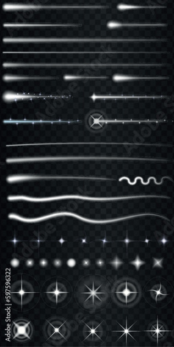 Isolated set of stars, meteors, meteorites, comets. Falling asteroids and shooting stars with far shining trails isolated on dark semi transparent background. Vector illustration.