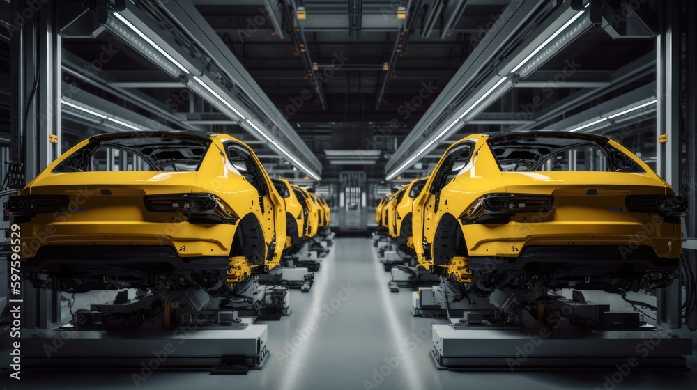 Car factory assembly line with automatic robotic arms working. Generative AI Car factory assembly line with automatic robotic arms working. Generative AI