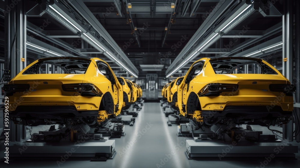 Car factory assembly line with automatic robotic arms working. Generative AI