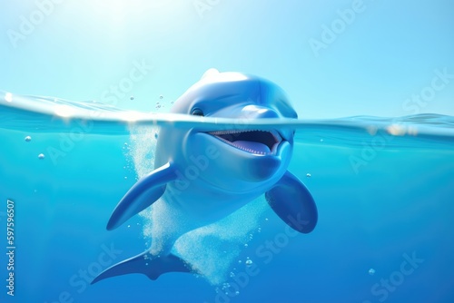 3D cartoon playful dolphin leaping out of crystal clear turquoise water with a bright blue sky in the background. Generative AI