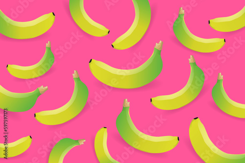 Tropical fruit concept. Vector summer pattern of bananas on a pink background 