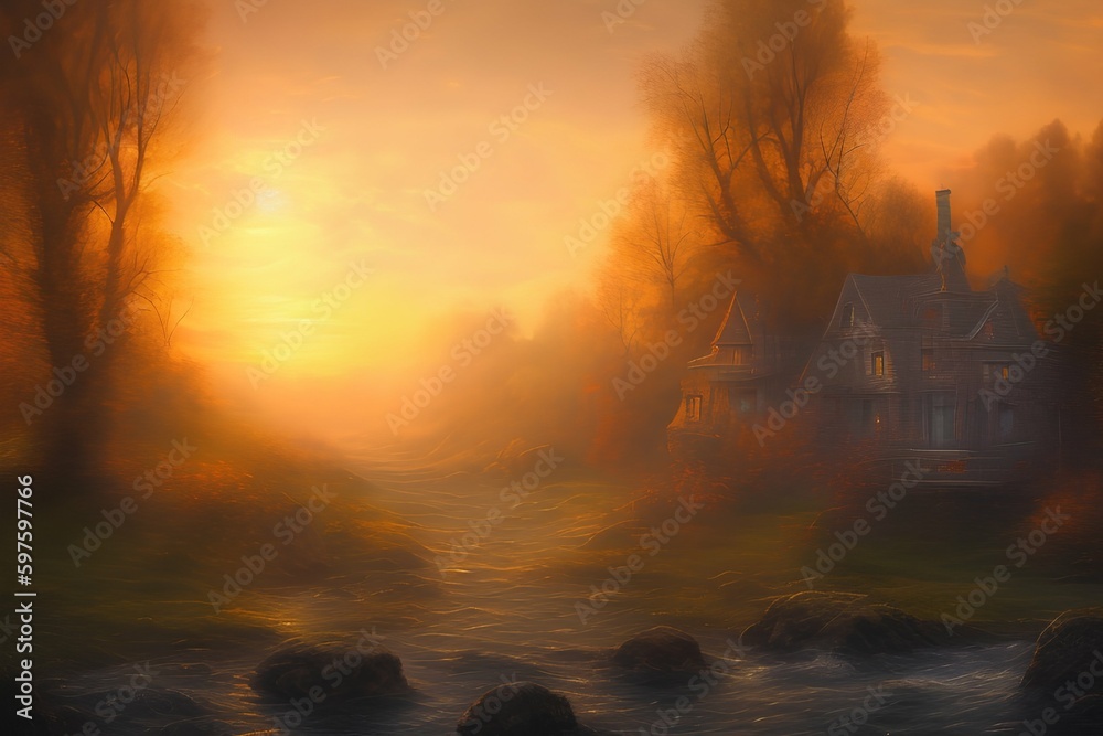 Sunset in an old mansion, abstract oil painting - generative ai