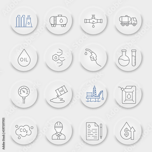 Oil industry line icon set, fuel production symbols collection, vector sketches, neumorphic UI UX buttons, nature resources signs linear pictograms package isolated on white background, eps 10.