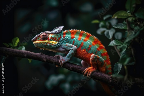 Colorful chameleon clinging to the branch of a tree in a vibrant tropical rainforest with exotic flowers blooming all around. Generative AI