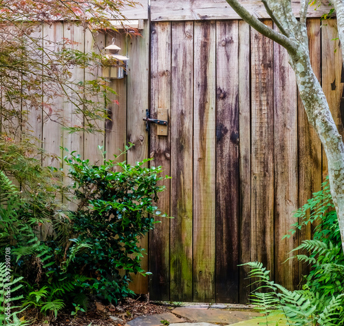 Exterior Wooden Garden Gate and Fence with Lantern and Plants 