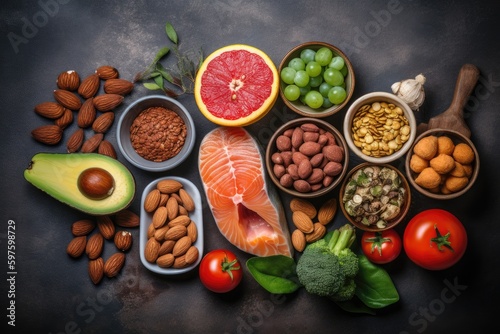 A selection of healthy food promoting heart health and a healthy lifestyle. Image generated by AI