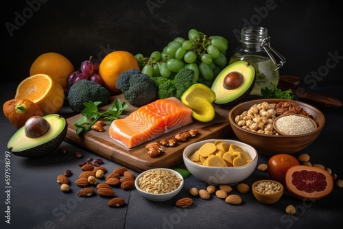 A selection of healthy food promoting heart health and a healthy lifestyle. Image generated by AI