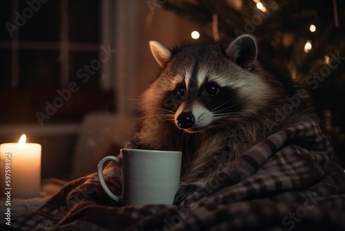 Cozy raccoon snuggled up in a warm woolen blanket and holding a steaming mug of hot cocoa in front of a Christmas tree. Generative AI